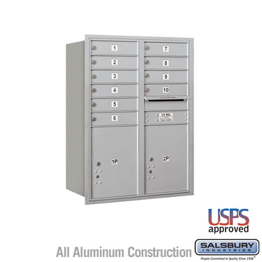 11 Door High Recessed Mounted 4C Horizontal Mailbox with 10 Doors and 2 Parcel Lockers in Aluminum with USPS Access - Rear Loading